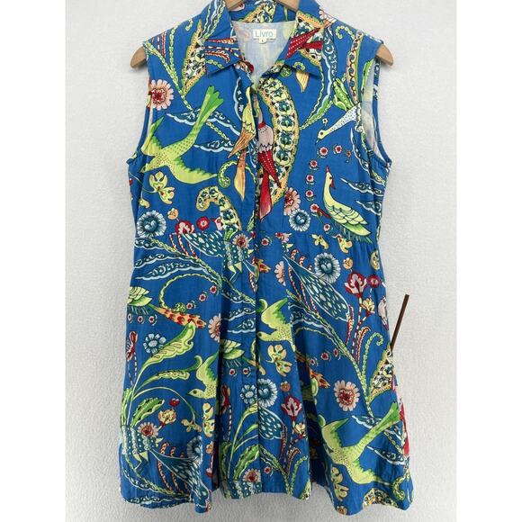 LIVRO Dress L Floral Bird Fit & Flare Button Front Mini Shirtdress Cotton Blue - Picture 9 of 16